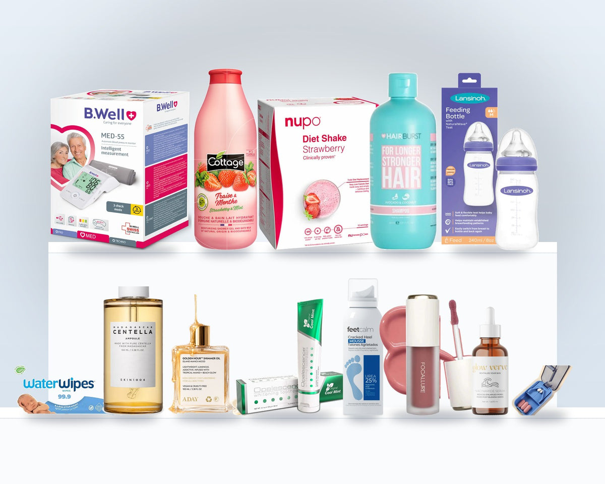 Products from AB Pharma's brands, including B.Well, Cottage, NUPO, Hairburst, Lansinoh, SKIN1004, ADAY, Opalescence, FeetCalm, Focallure, Glow Verve and WaterWipes